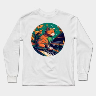 Funny Cat Kitty Playing Keyboard Piano Funny Player Long Sleeve T-Shirt